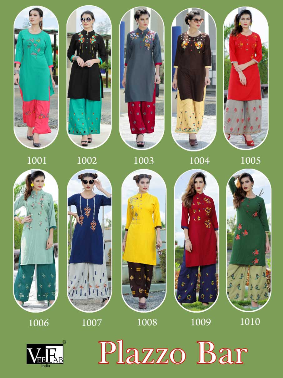 Plazzo Bar Veefab Rayon Embroidery Kurti Catalog Plazzo Bar Veefab Rayon Embroidery Kurti Catalog